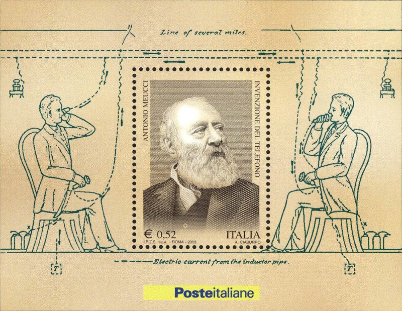 Foglietto del francobollo commemorativo emesso nel 2003 recante uno dei disegni dimostrativi preparati nel corso delle azioni per il riconoscimento dell’invenzione del telefono.